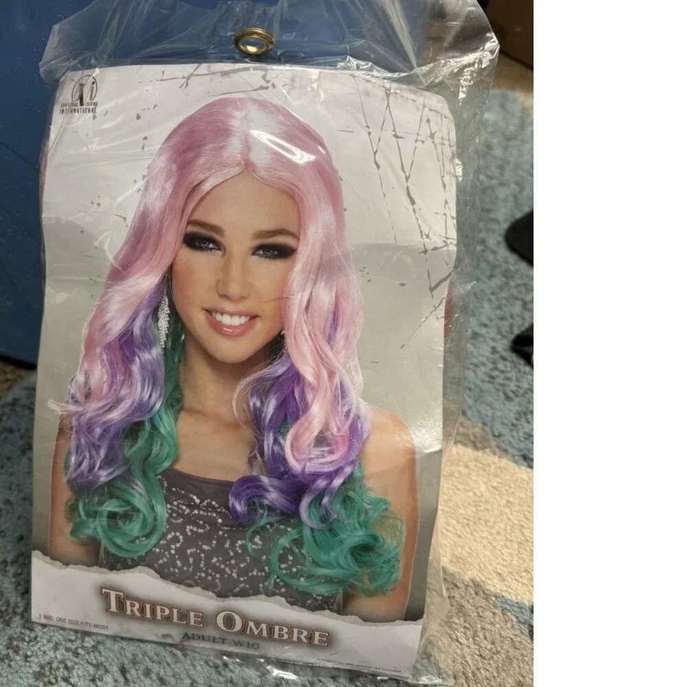 Ombre Pink Purple Green Wig Long Wavy Hair Halloween Costume Accessory 14+